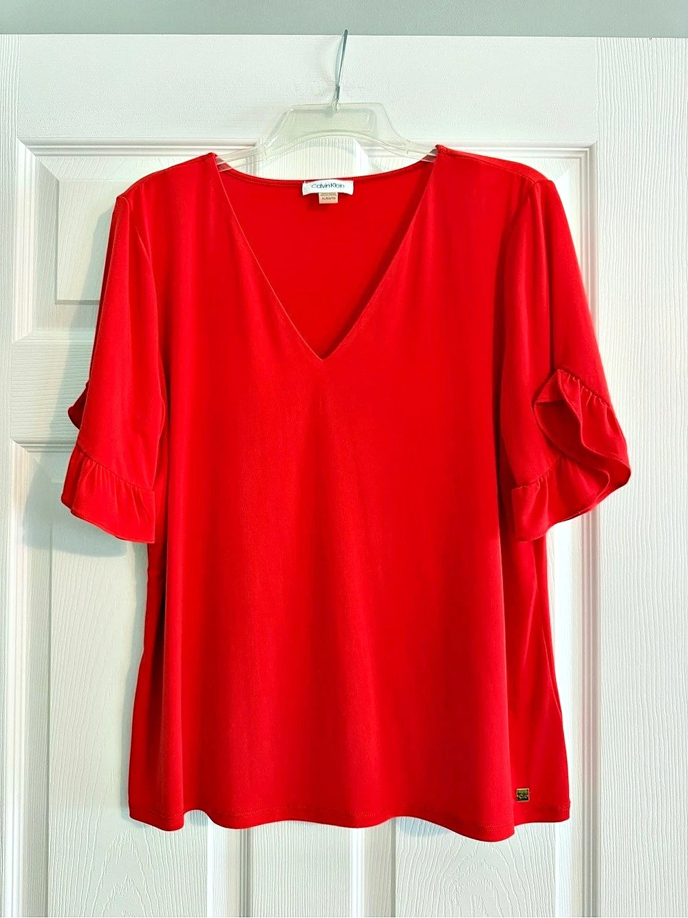 Calvin Klein V-Neck Flutter Sleeve Blouse Red XL Like New